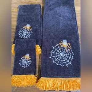 Halloween Spider Web Embroidered 3 Piece Towel Set Black Orange Stratford Home
